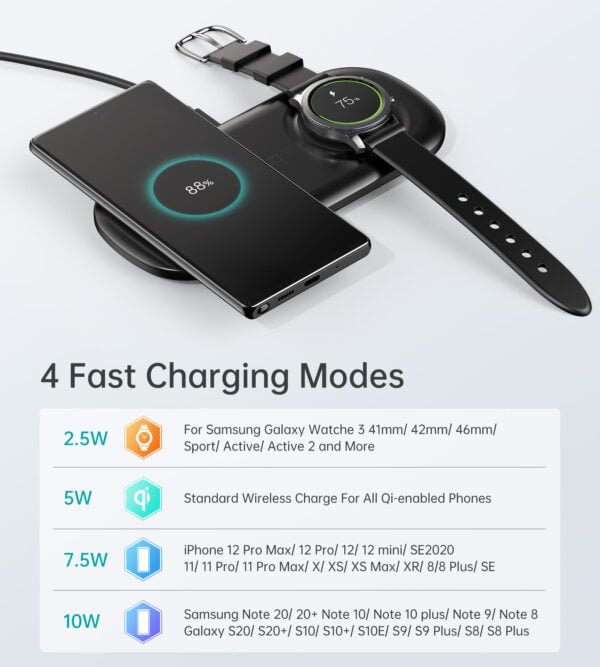 China supplier 2 in 1 Wireless Charger, 10W Max Wireless Charging Pad with Adapter for Galaxy Watch - Image 6