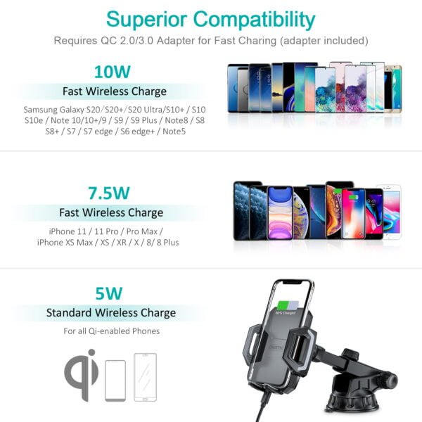 Wireless Car Charger, 10W Max Qi Wireless Fast Charger Car Mount USB-C Phone Holder - Image 3