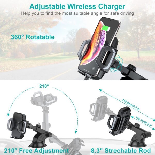 Wireless Car Charger, 10W Max Qi Wireless Fast Charger Car Mount USB-C Phone Holder - Image 6