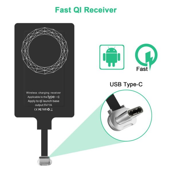 Type C Wireless Charging Receiver, QI Receiver Type C for Google Pixel 2XL-XL-LG V20- LG G5- Motorola G6- G6 Plus- HTC 10-Galaxy - Image 2