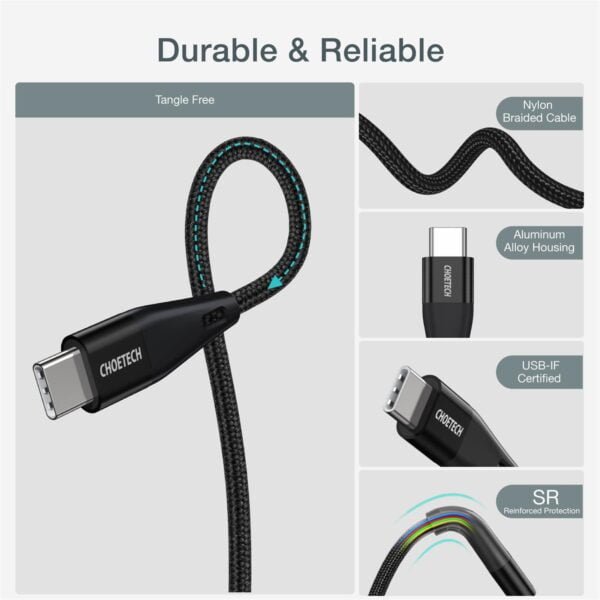 USB-C to USB-C Cable, 60W USB Type C Braided Fast Charging Cable (20V 3A 4ft) - Image 3